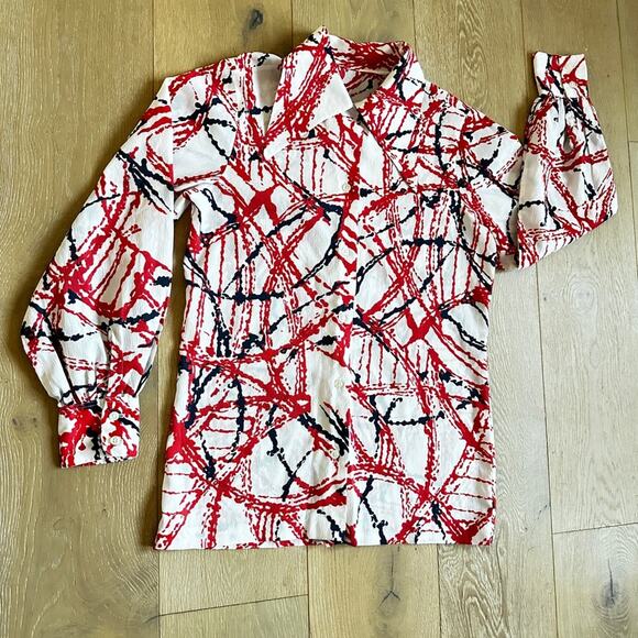 Vintage 70s homemade dagger collar paint splatter button down shirt womens M - Picture 9 of 10